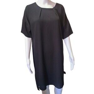 H by Halston black pleated crew neck shift dress medium